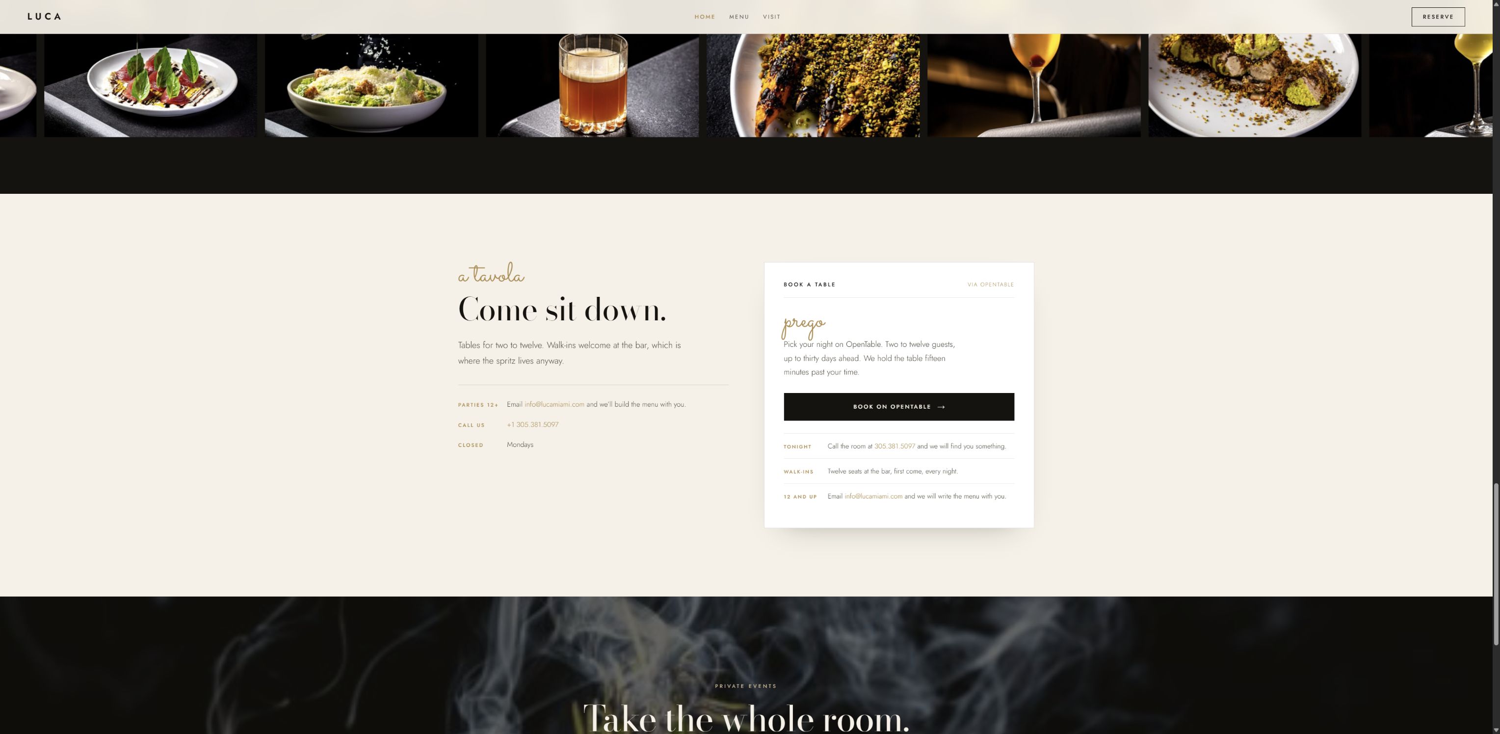 Proposed Luca Osteria visit and reservation section with contact details and location information