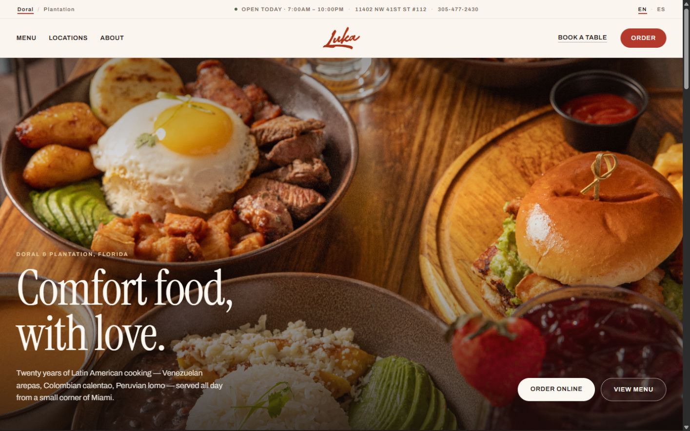 Luka Restaurant website concept homepage with Latin American dishes and the headline Comfort food, with love