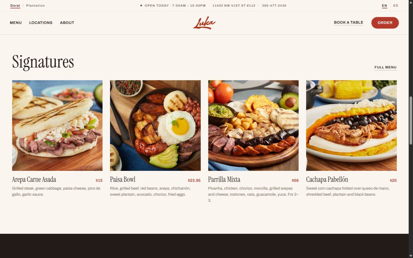 Proposed Luka Restaurant signature dishes grid with photographs, names, prices, and descriptions