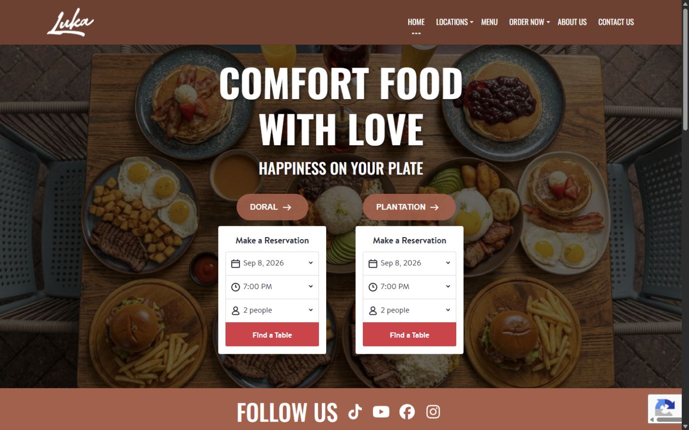 Current public Luka Restaurant homepage with a food photograph, Doral and Plantation links, and reservation widgets