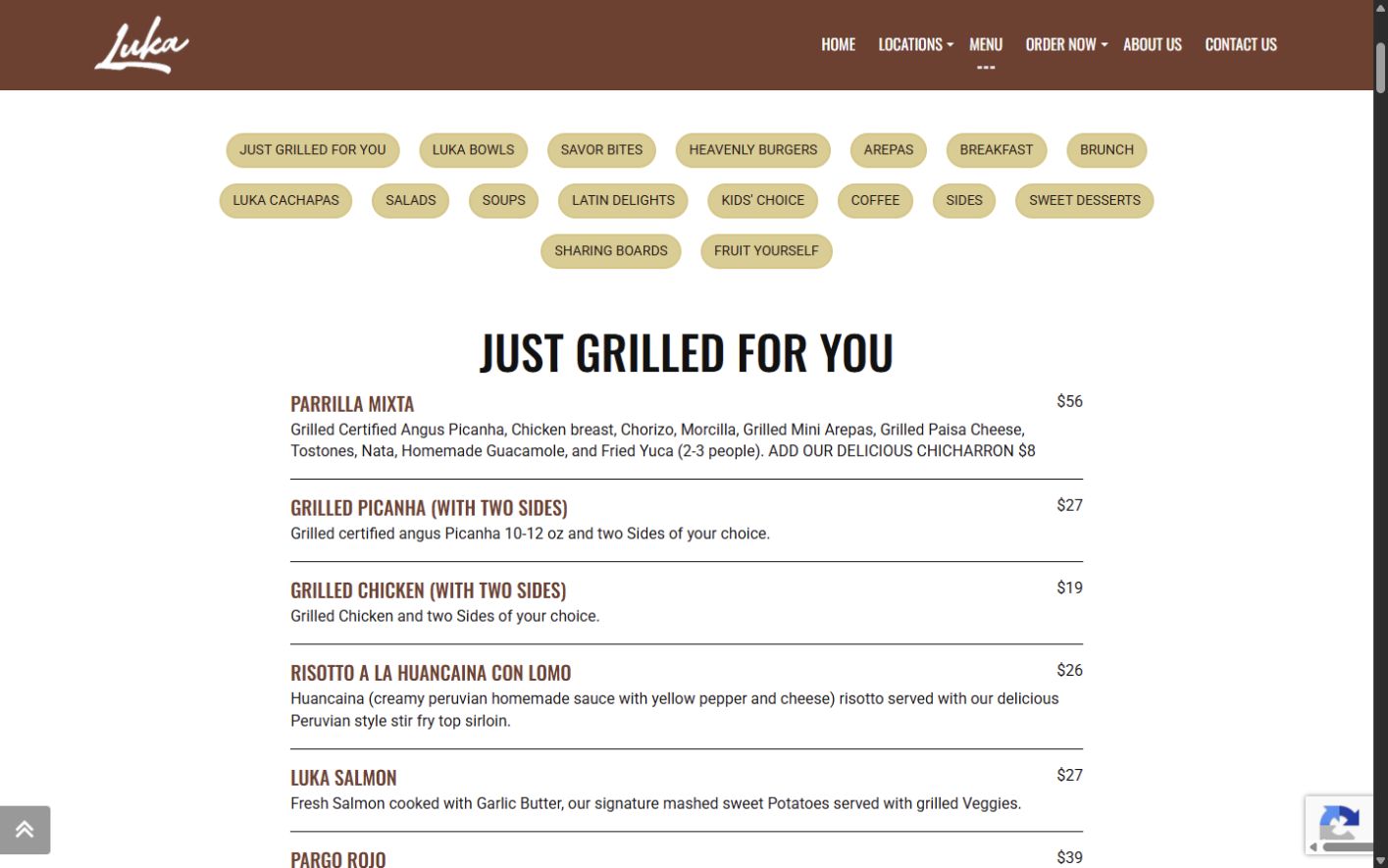Current public Luka Restaurant menu with category links and a text list of grilled dishes, prices, and ingredients