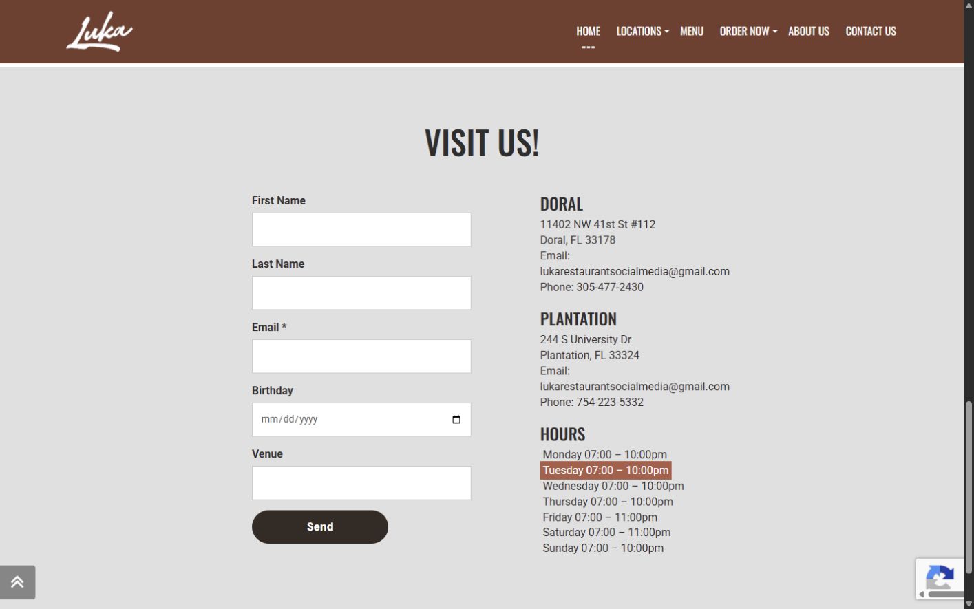 Current public Luka Restaurant visit section with a contact form, Doral and Plantation addresses, phone numbers, and opening hours