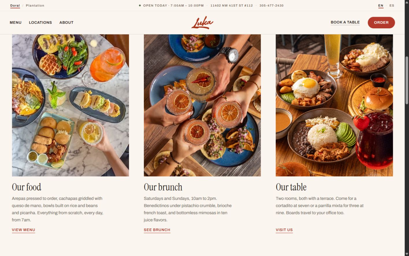 Proposed Luka Restaurant feature grid for food, brunch, and the dining rooms