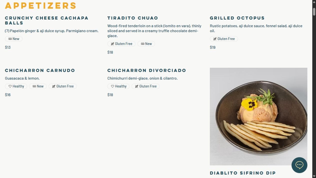 Public Mordisco appetizer menu with dish descriptions and prices