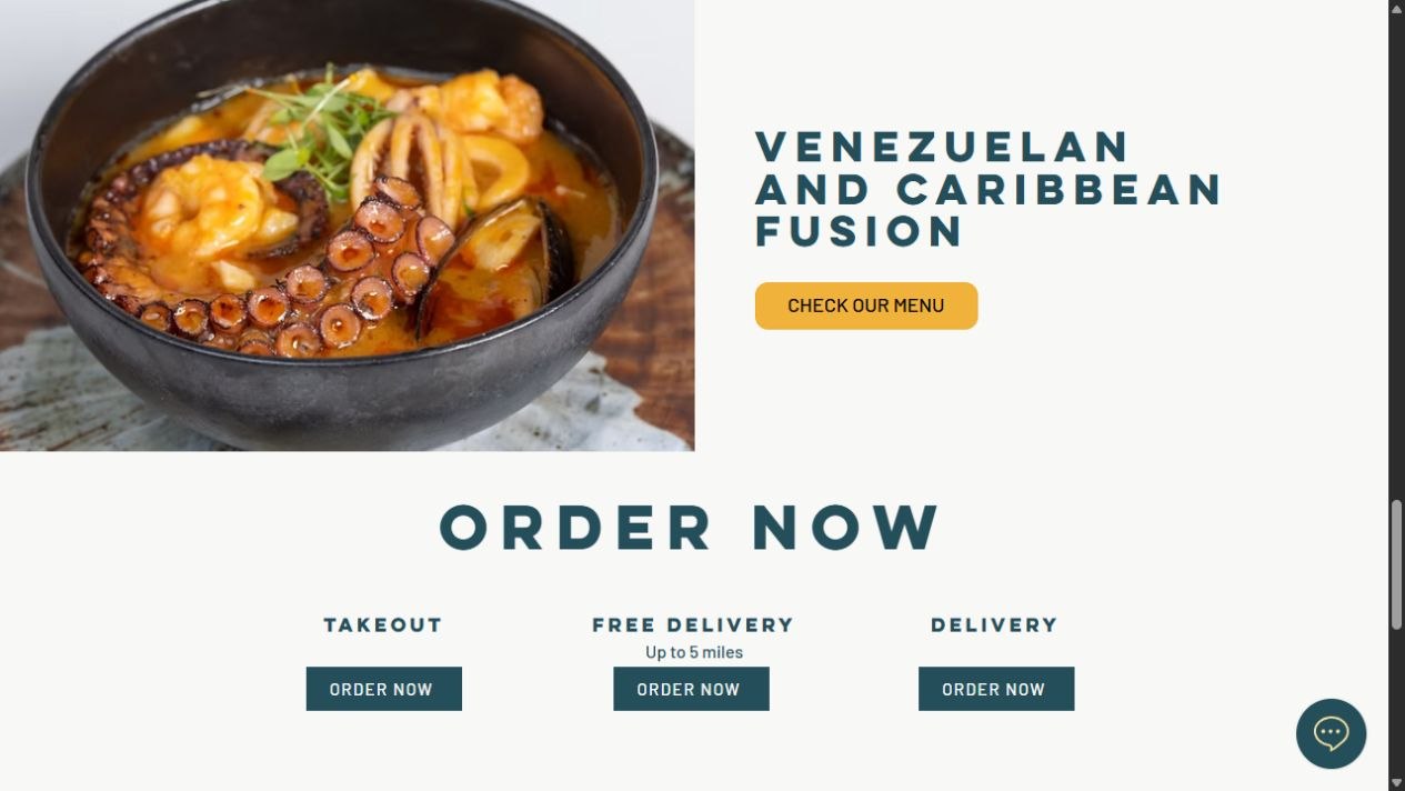 Public Mordisco cuisine section with seafood photography and a Venezuelan and Caribbean fusion heading