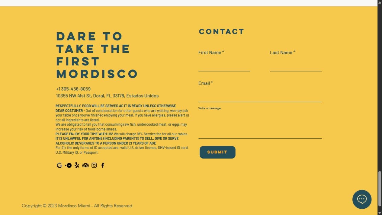 Public Mordisco footer showing address, phone, and contact form