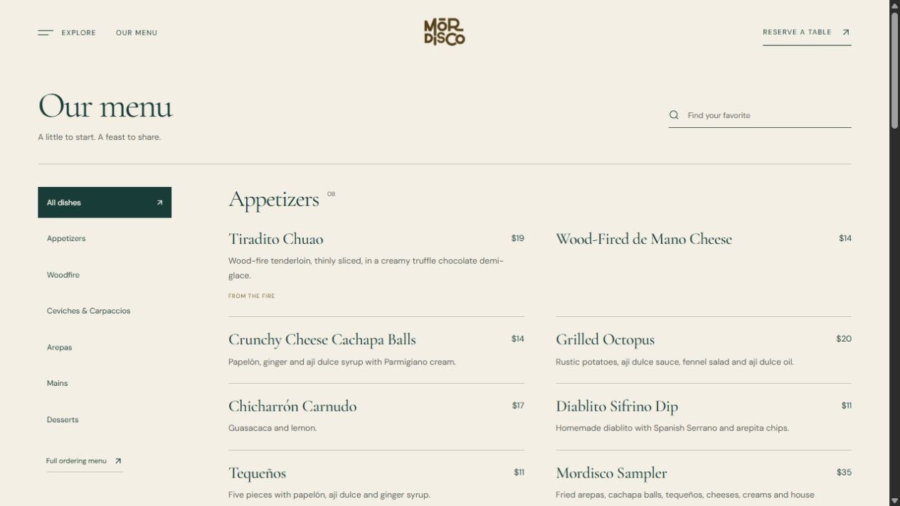 Current Mordisco concept menu page with site navigation, search, category filters, and appetizer listings