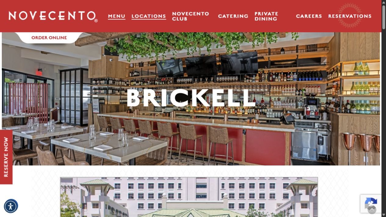 Public Novecento Brickell page with a red navigation bar and large BRICKELL title over the dining room