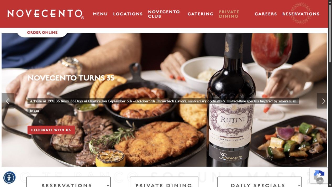 Public Novecento homepage with a red navigation bar and anniversary promotion over food photography