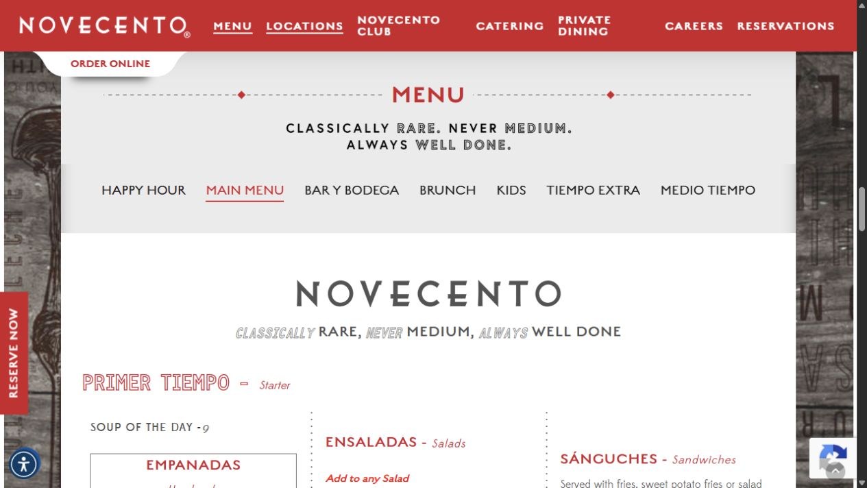 Public Brickell main menu showing tab choices and the start of the printed menu layout
