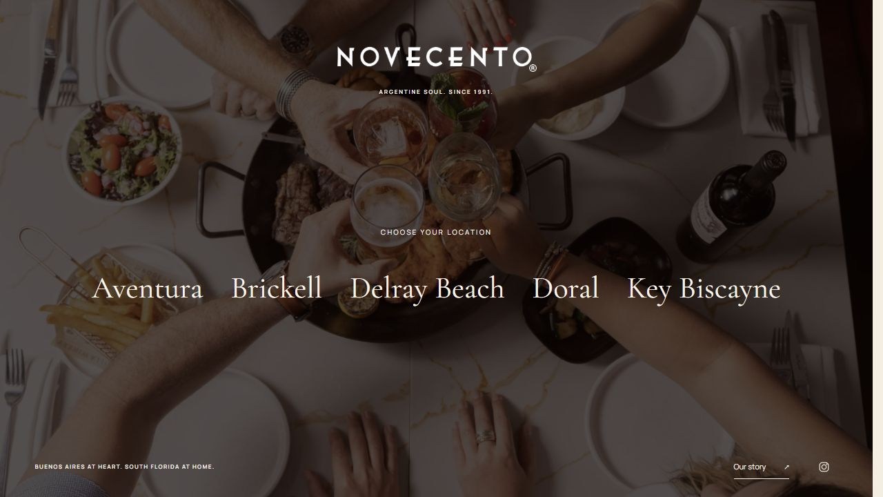 Novecento concept opening with five South Florida location choices over an overhead table photograph
