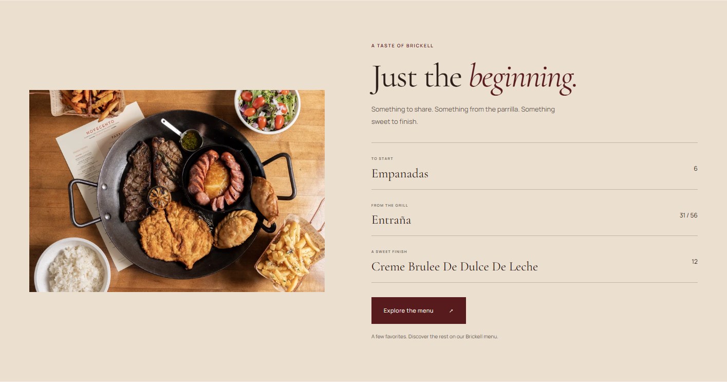 Novecento redesign showing the complete food discovery section