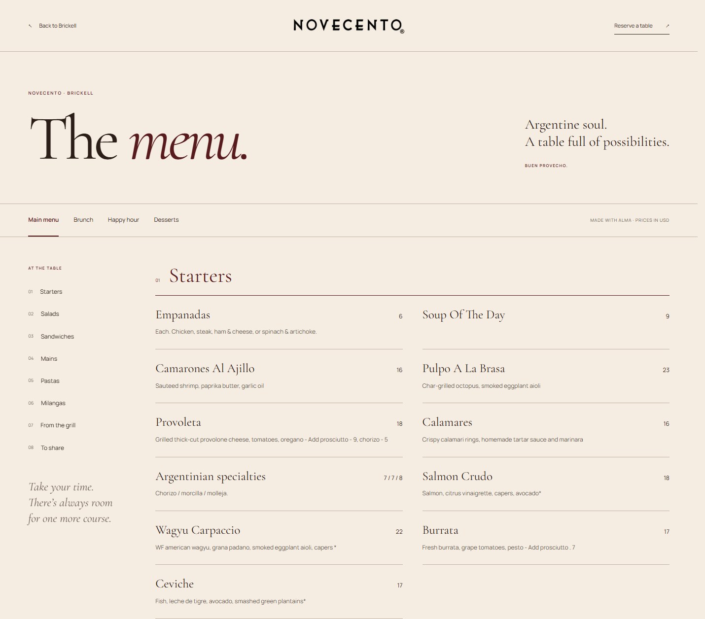 Novecento redesign showing the complete menu discovery section