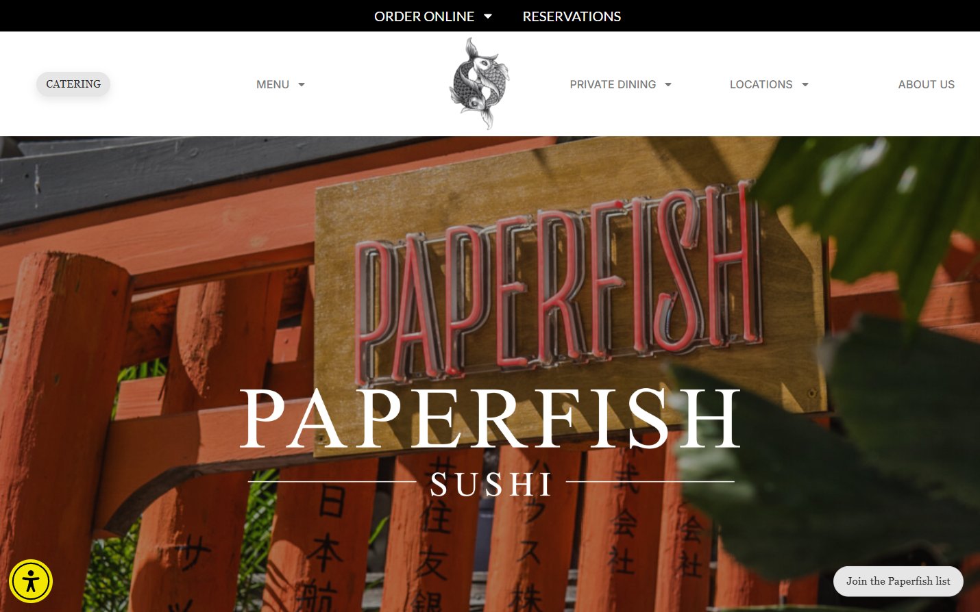 Original Paperfish homepage with its full navigation and a banner showing the red entrance gates
