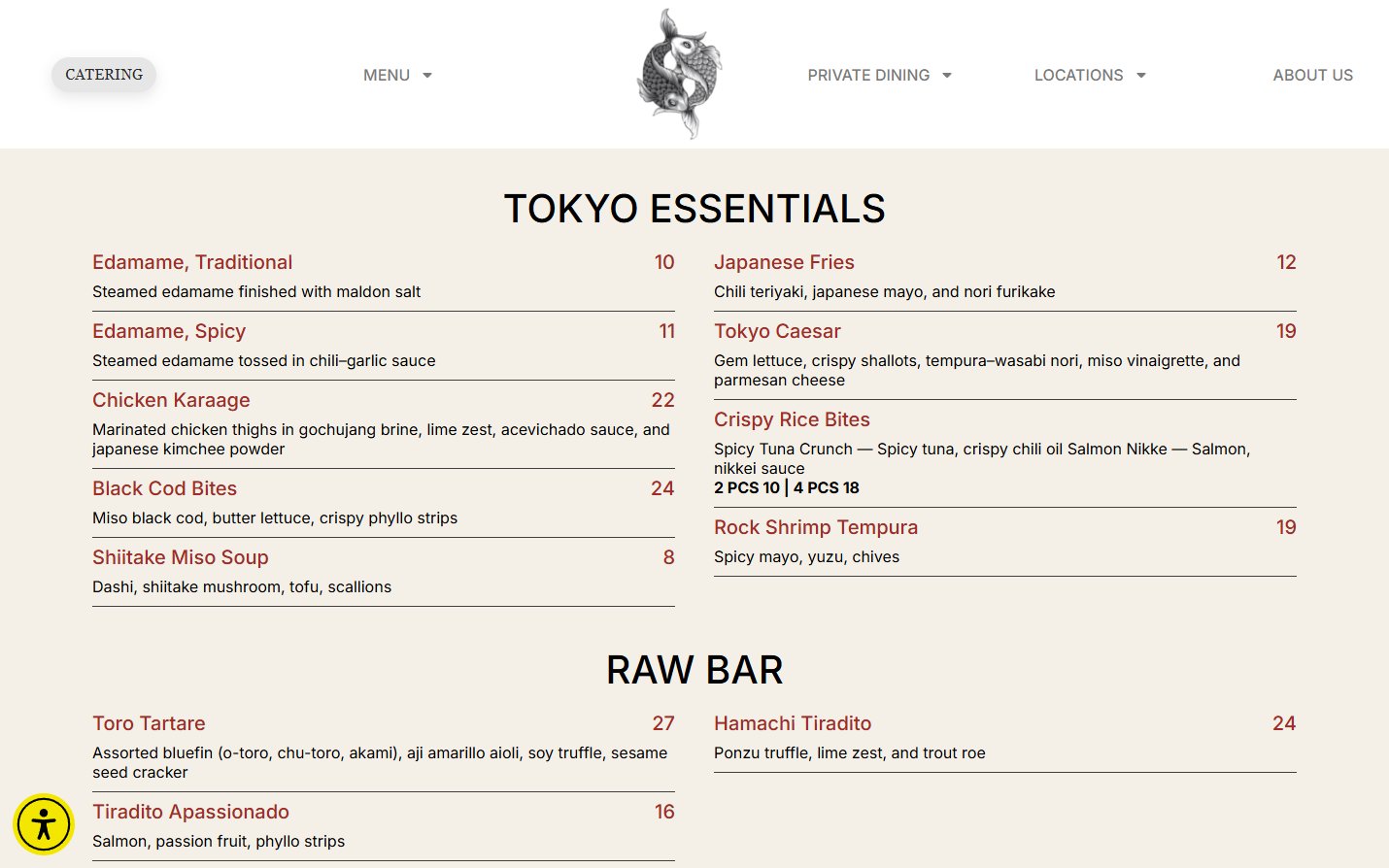 Original Paperfish Tokyo Essentials and Raw Bar dish lists with descriptions and prices