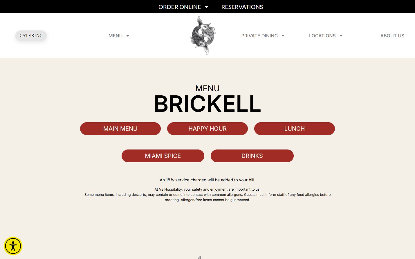 Original Paperfish Brickell menu selection page with main menu, happy hour, lunch, Miami Spice, and drinks links