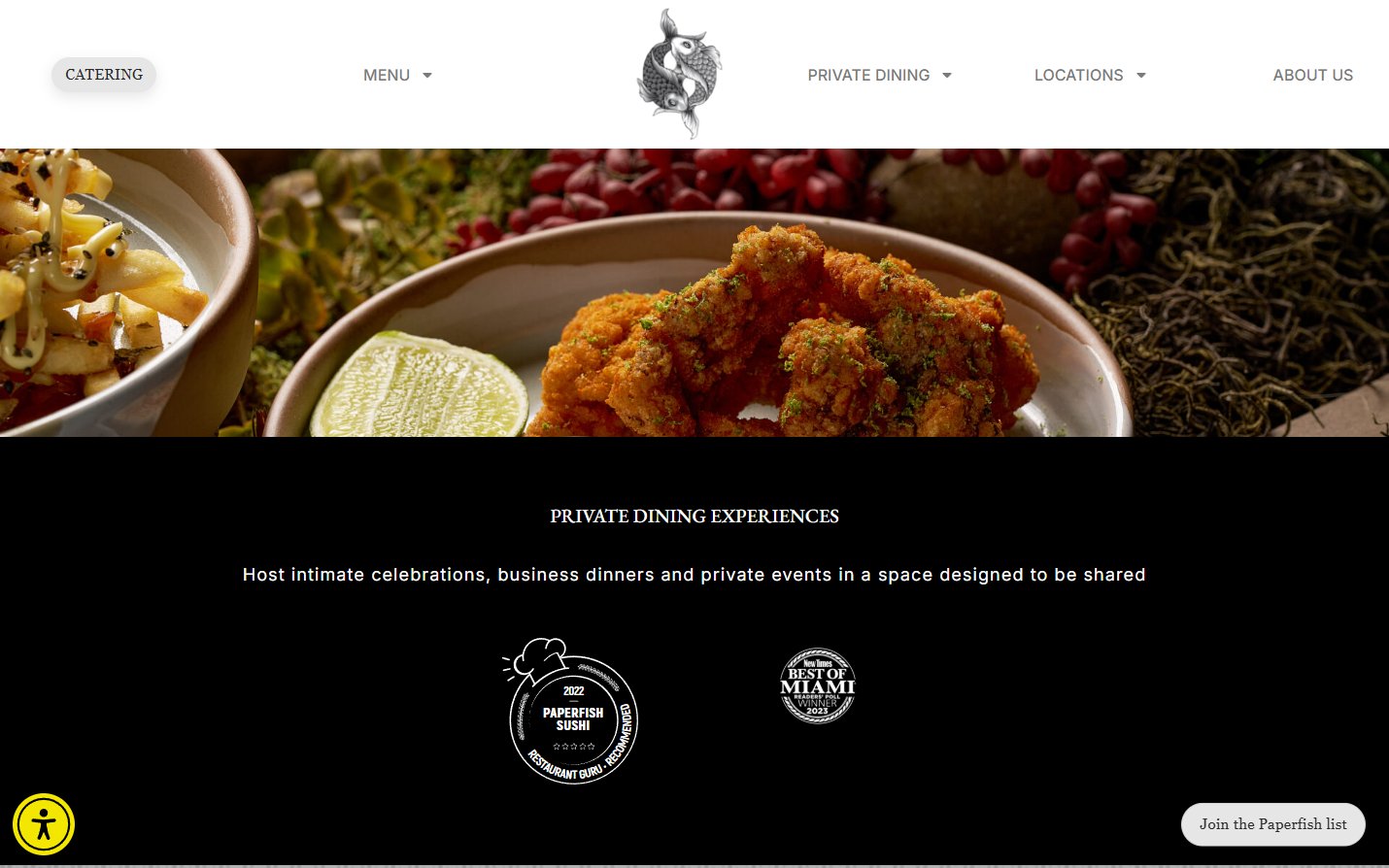 Original Paperfish homepage private-dining section with a food banner, invitation, and restaurant awards