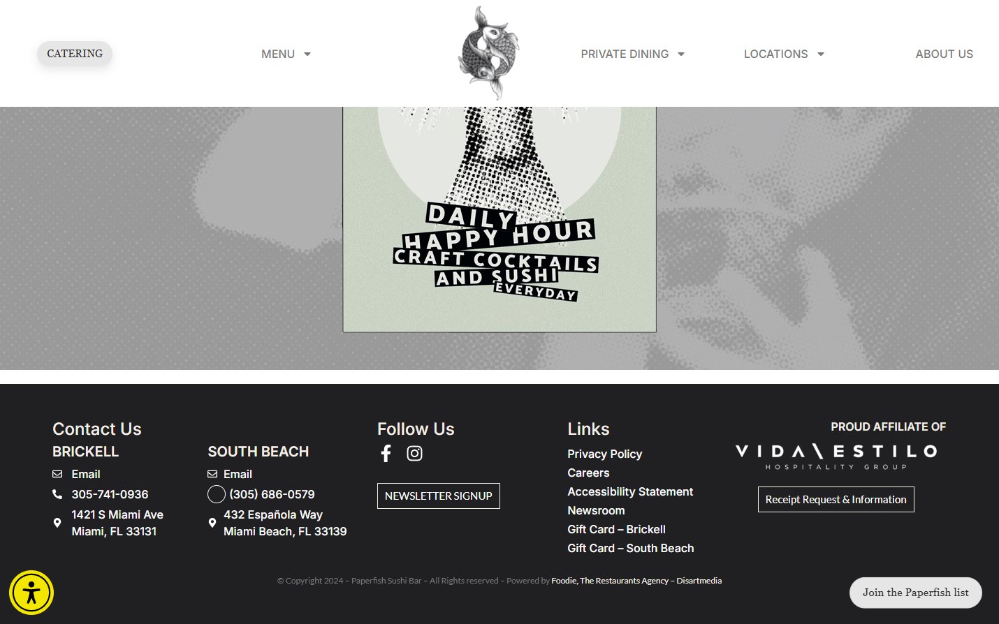 Original Paperfish footer with Brickell and South Beach addresses, phone numbers, and contact links
