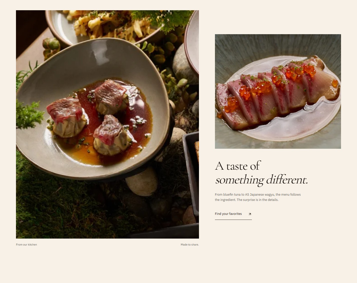 Paperfish concept food section with wagyu dumplings, sliced fish, editorial typography, and a menu link