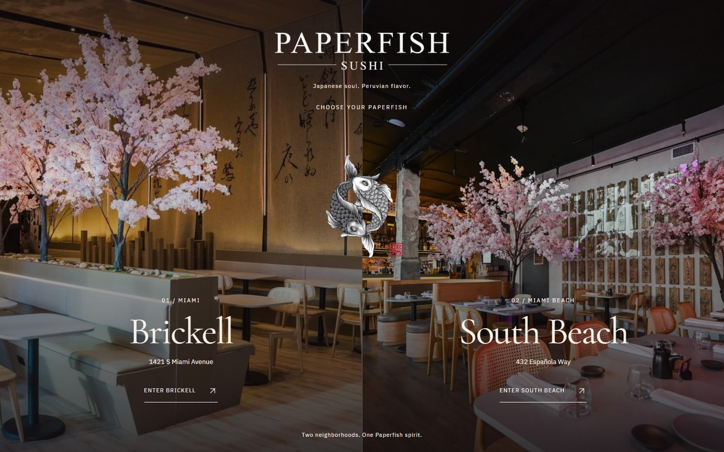 Paperfish concept location selector with Brickell and South Beach dining rooms, addresses, and entry links