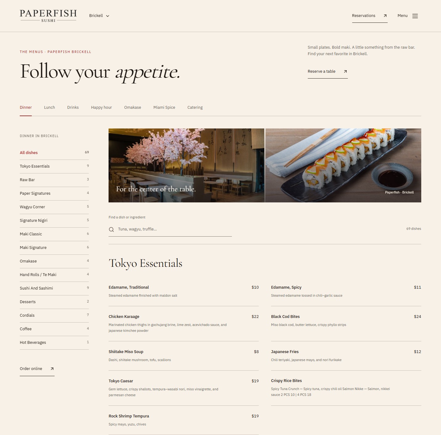 Paperfish concept menu with meal tabs, dish categories, dining-room and sushi photography, and ingredient search