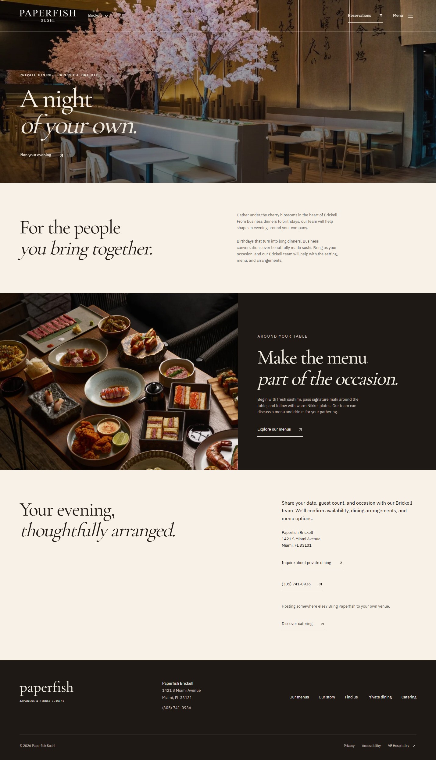 Paperfish concept private-dining page with cherry blossom dining-room photography, A night of your own headline, and inquiry link