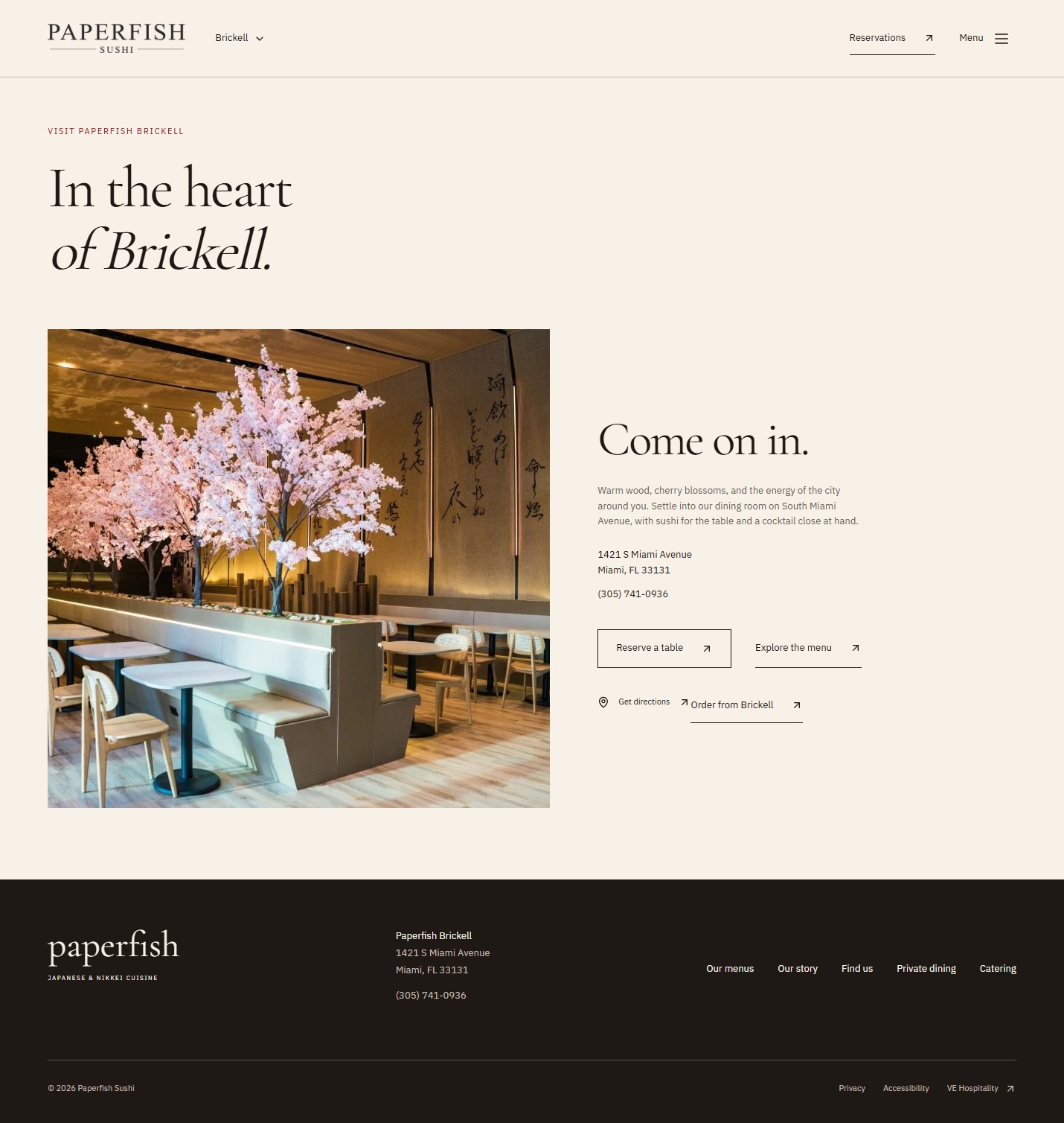 Paperfish concept Brickell visit page showing the dining room, complete address, phone, reservation, directions, menu, and ordering actions