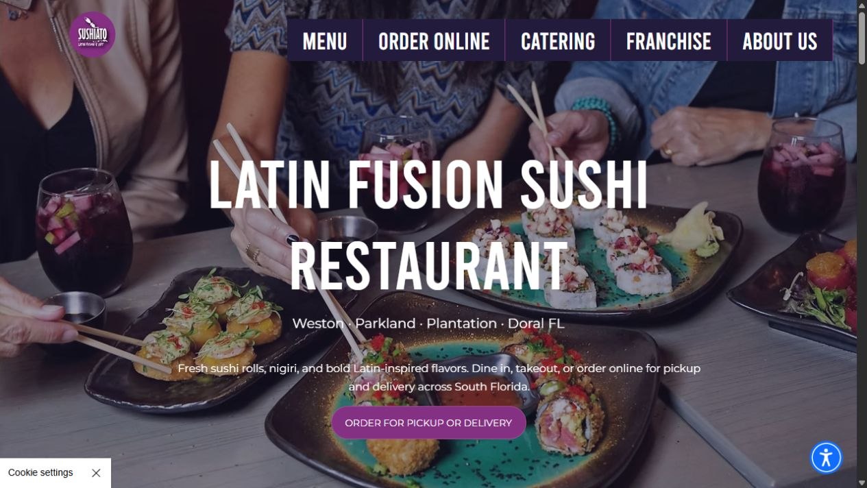 Public Sushiato homepage with guests sharing sushi and Latin Fusion Sushi Restaurant headline