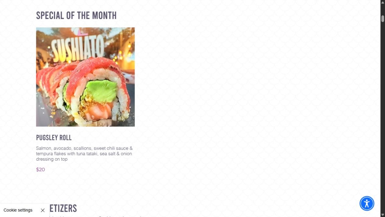 Public Sushiato menu with roll photography and appetizer sections