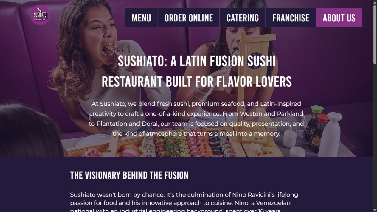 Public Sushiato About page with guests, sushi, and Latin fusion introduction