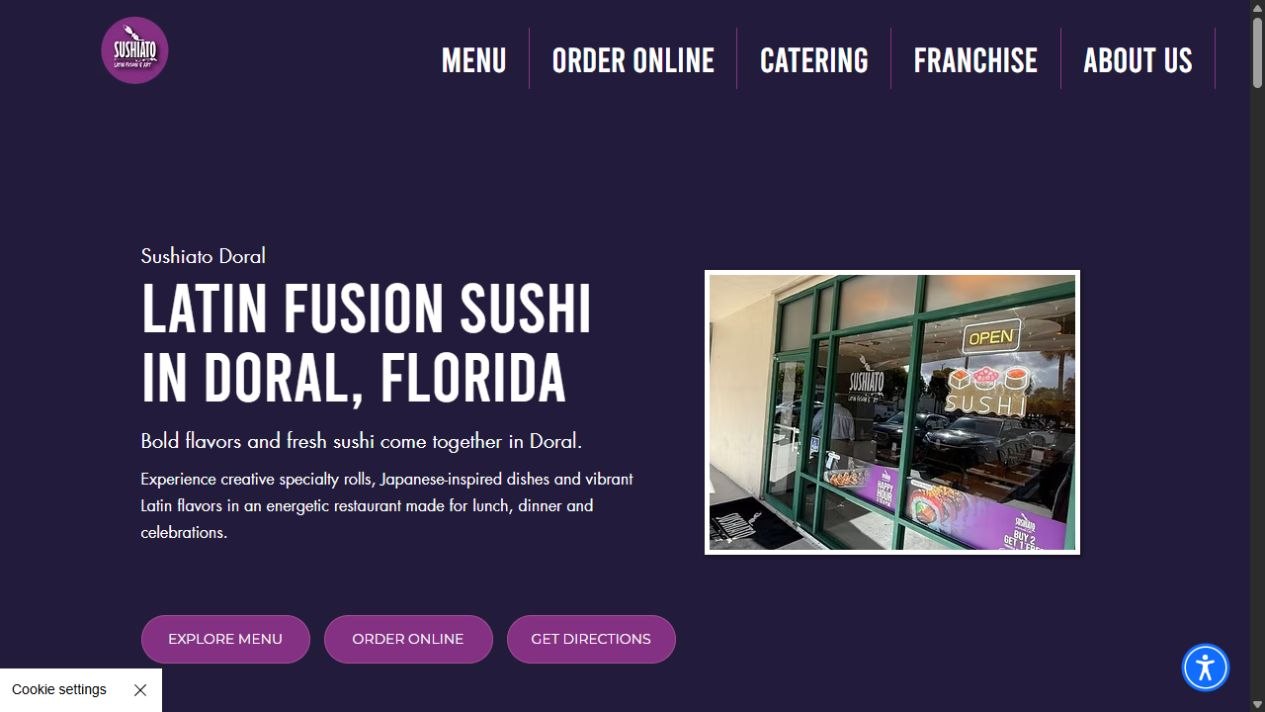 Public Sushiato Doral page with storefront, introduction, and visit actions