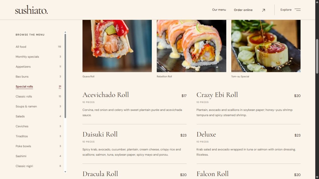 Sushiato concept menu with category navigation, roll photography, and prices