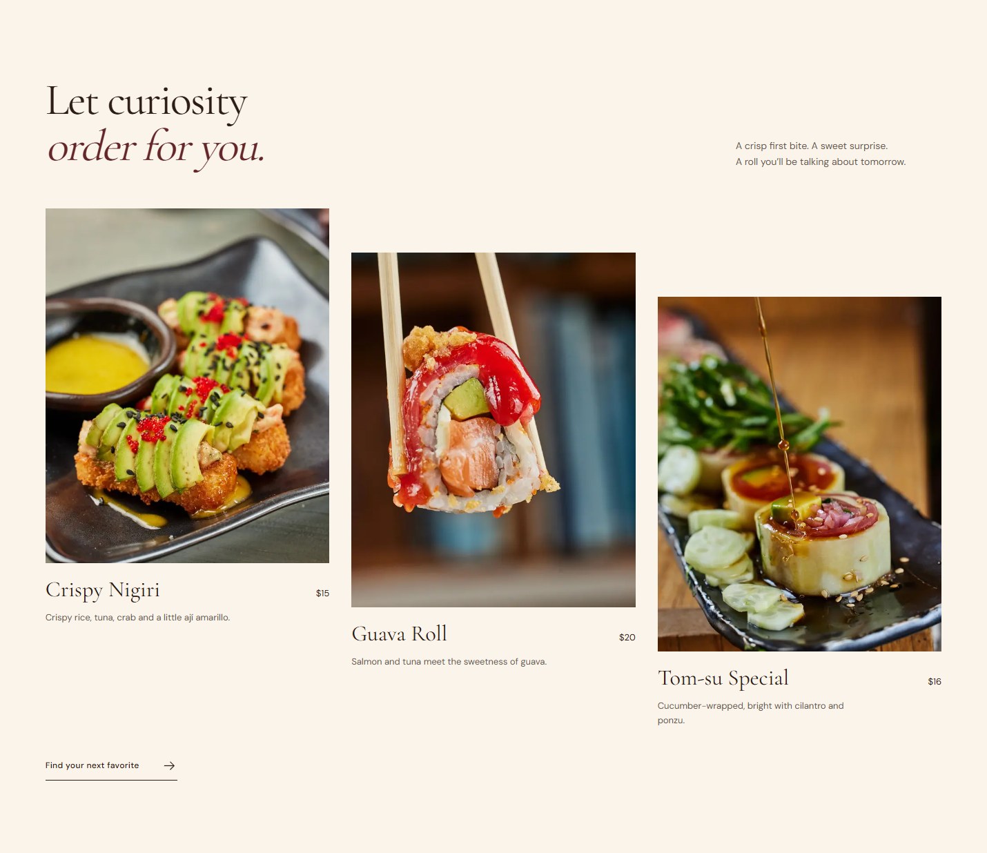 Sushiato redesign showing the complete signature dishes section