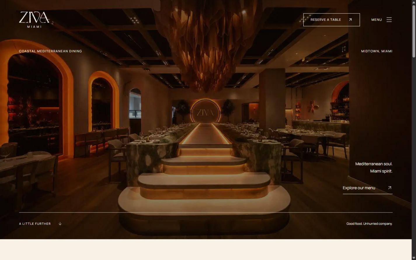 Ziva concept homepage with an unobstructed golden dining room, reservation action, and menu link