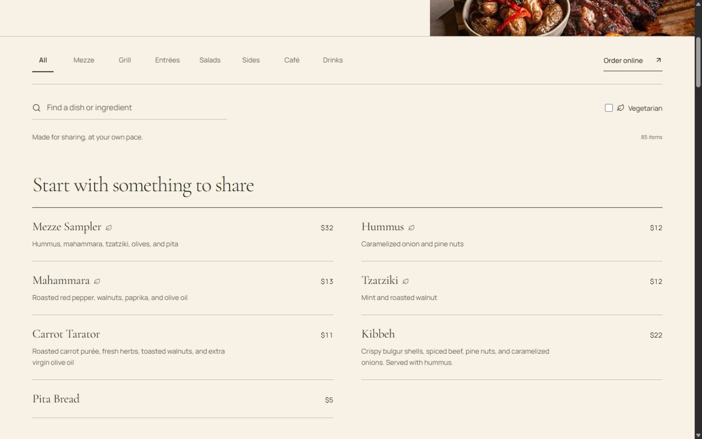 Proposed Ziva menu with dish search, category controls, vegetarian filter, descriptions, and online-ordering prices