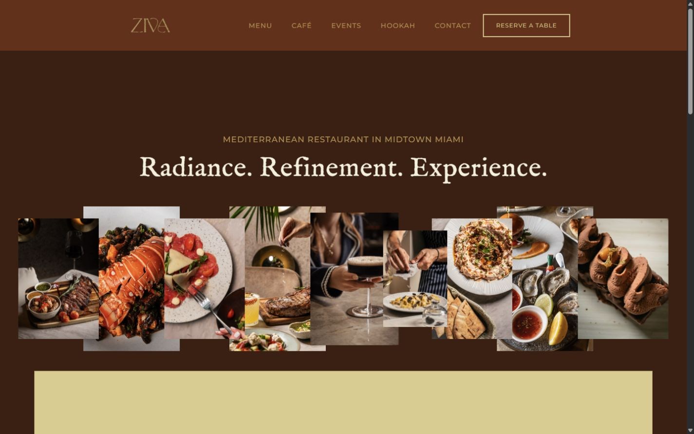 Original Ziva homepage with Radiance. Refinement. Experience. typography and a collage of food and drinks