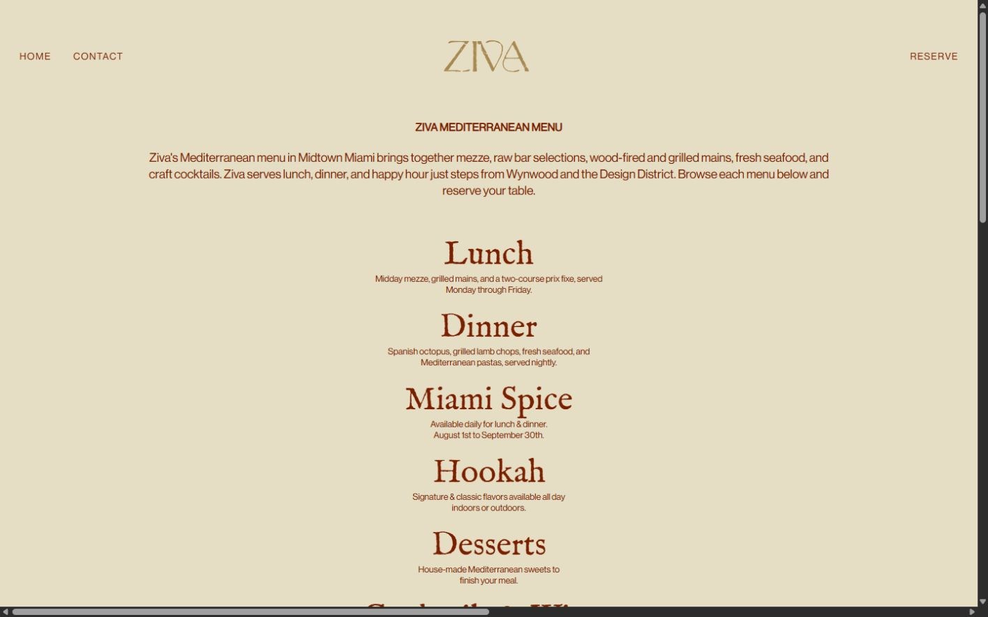 Original Ziva menu directory with separate links for lunch, dinner, Miami Spice, and other menus