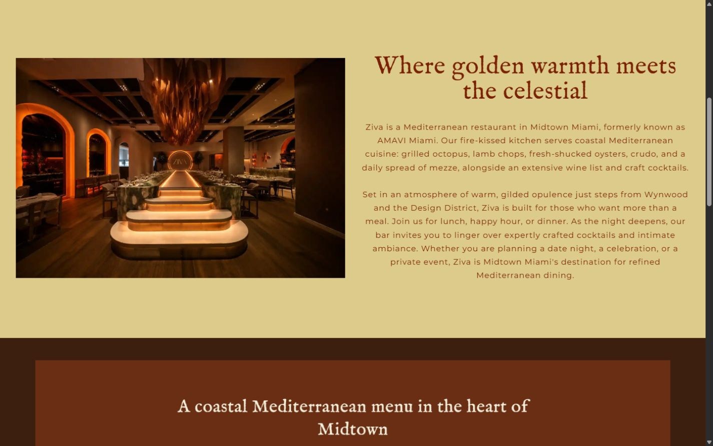 Original Ziva restaurant introduction with golden background, dining-room photograph, and descriptive text