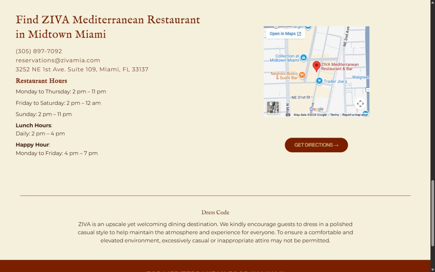 Original Ziva visit section with contact details, map, opening hours, happy hour, and dress-code information