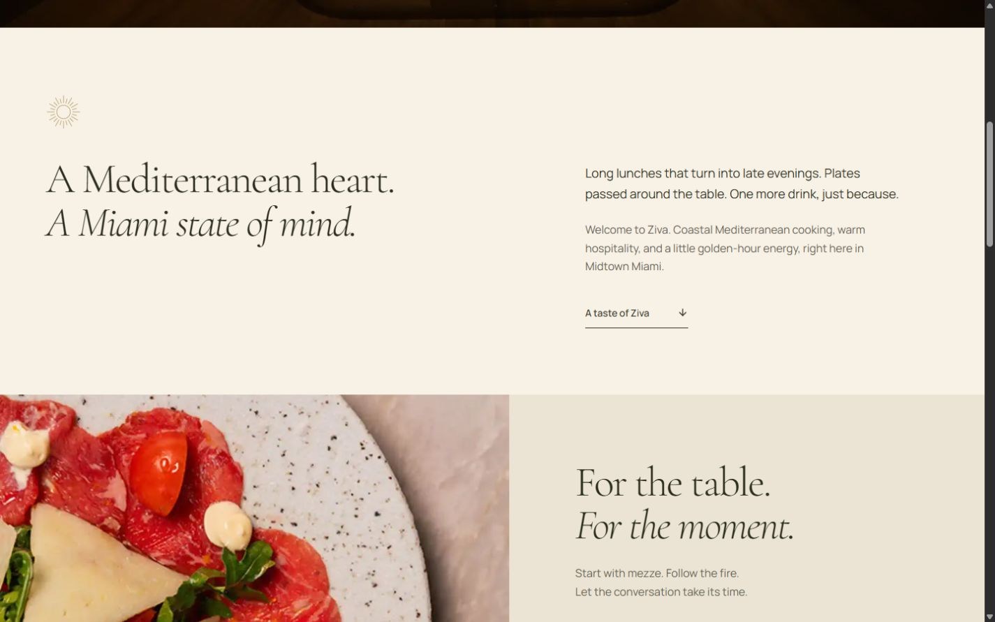 Proposed Ziva story with A Mediterranean heart. A Miami state of mind. typography and a food preview
