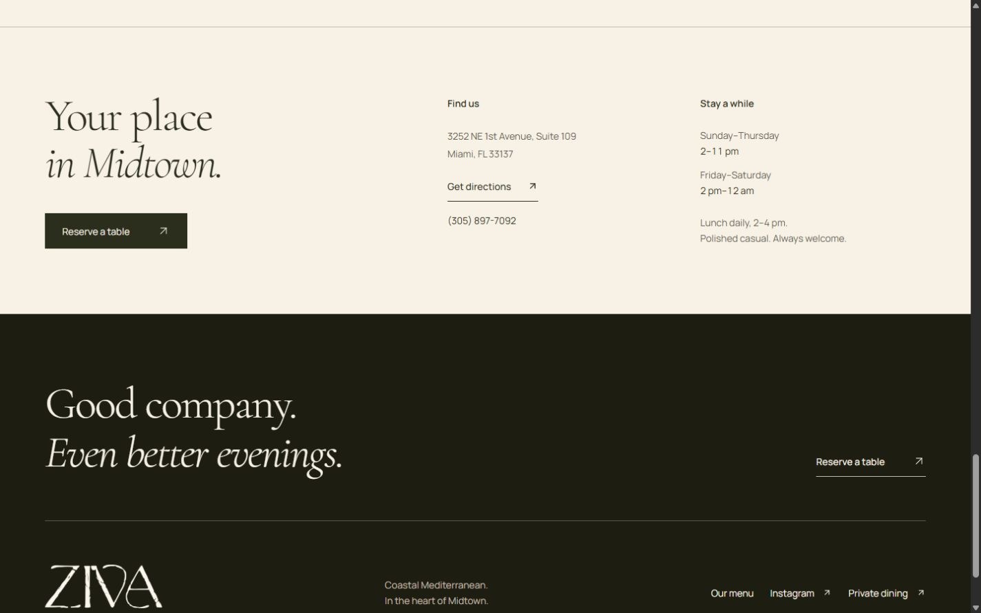 Proposed Ziva Midtown visit section with address, hours, directions, and a reservation action above a dark footer